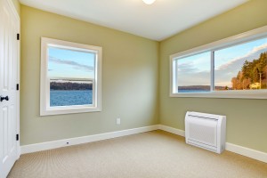 Green walls, beige carpet and water view bedroom.